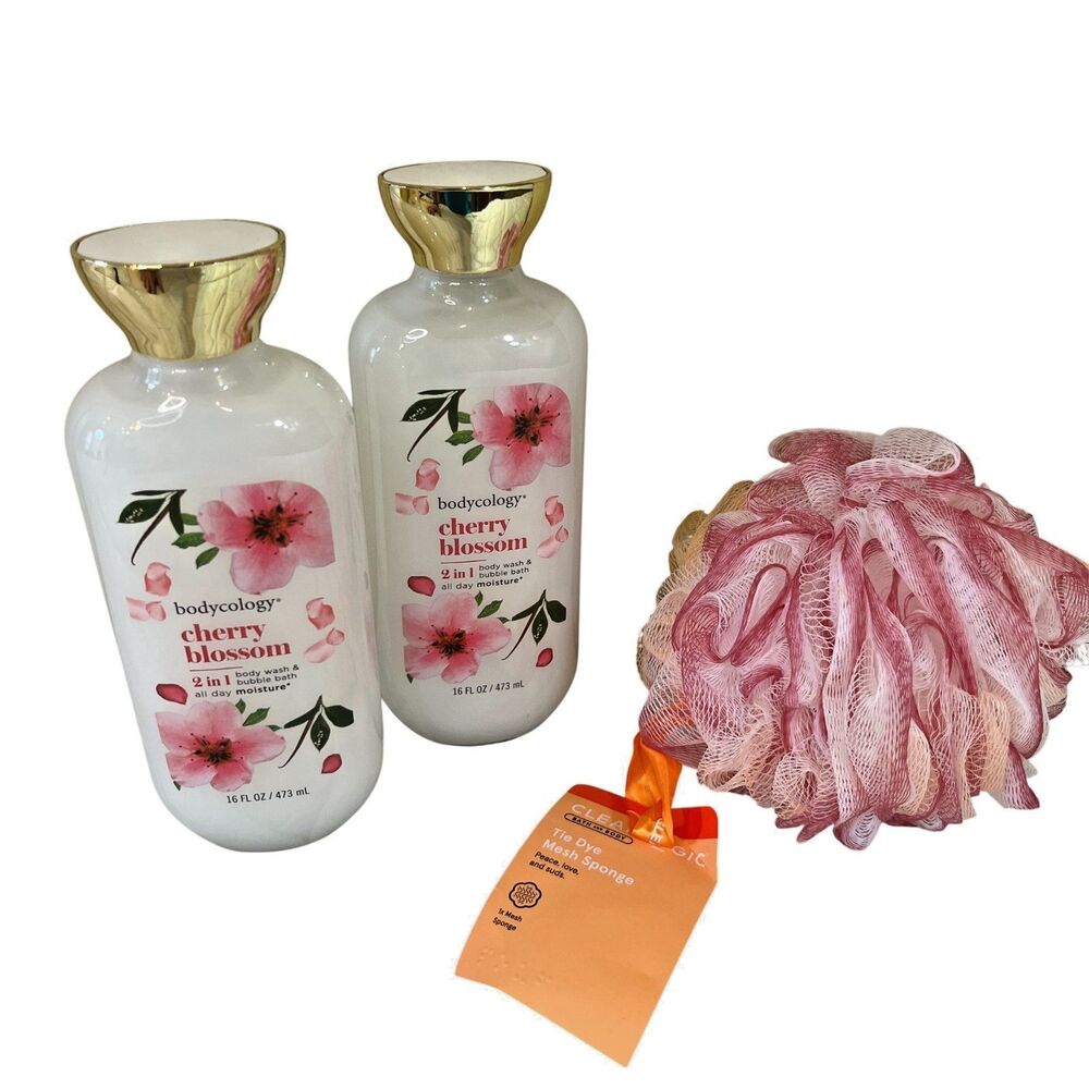 Cherry Blossom by Bodycology, 2Pack 16oz 2 in 1 Body Wash & Bubble Bath w/Loofah